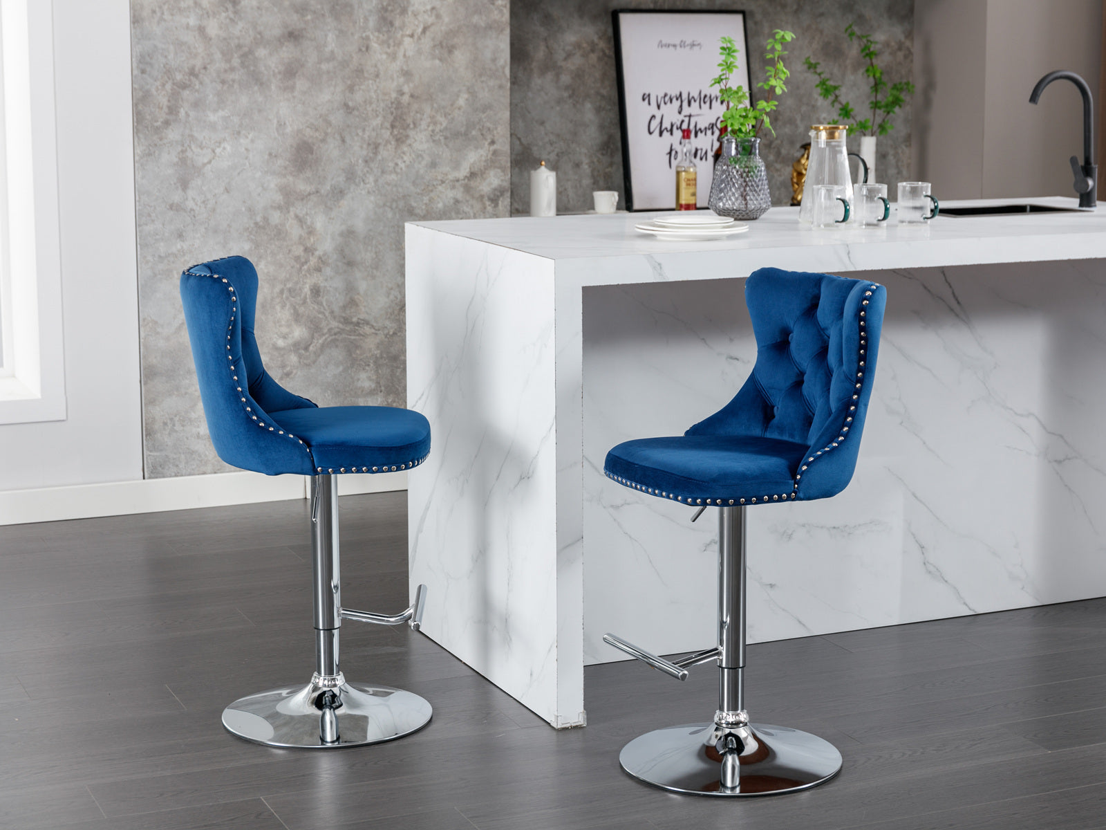 Modern Swivel Velvet Adjustable Height Upholstered Tufted Bar Stools with Backs