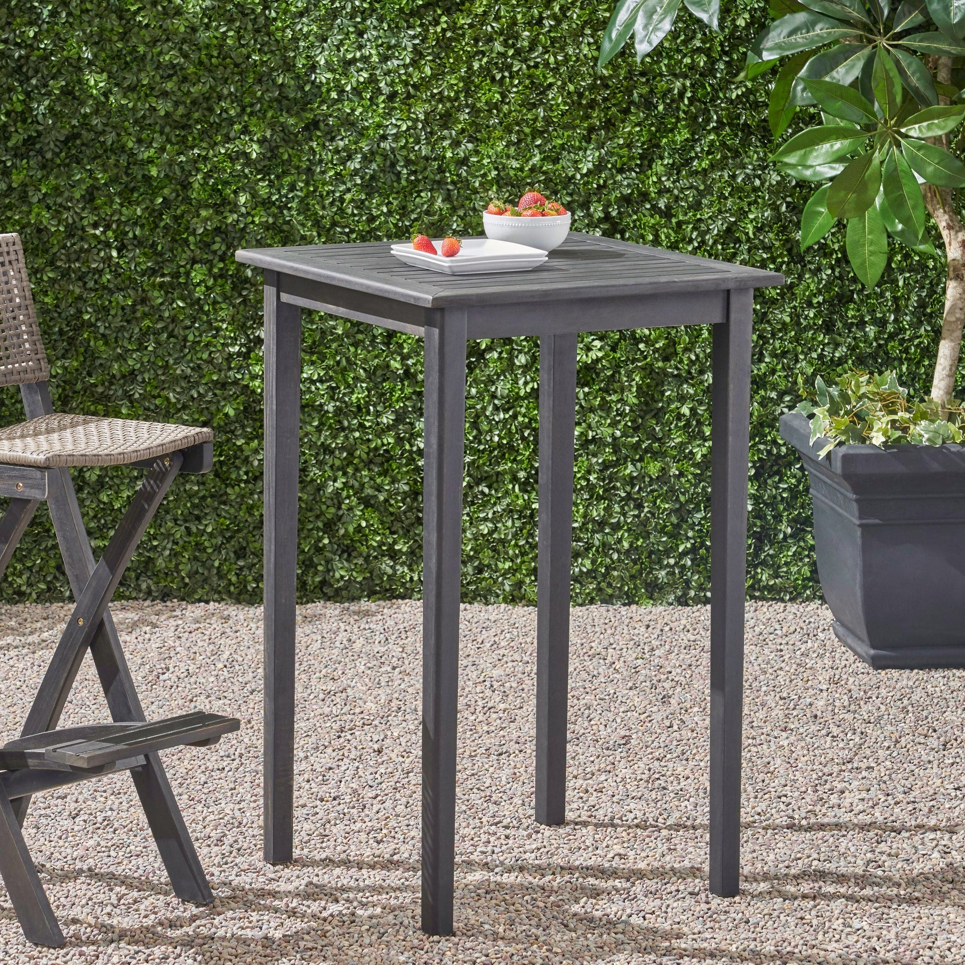 40' Outdoor Minimalist Acacia Wood Square Bar Table, Dark Gray Finish