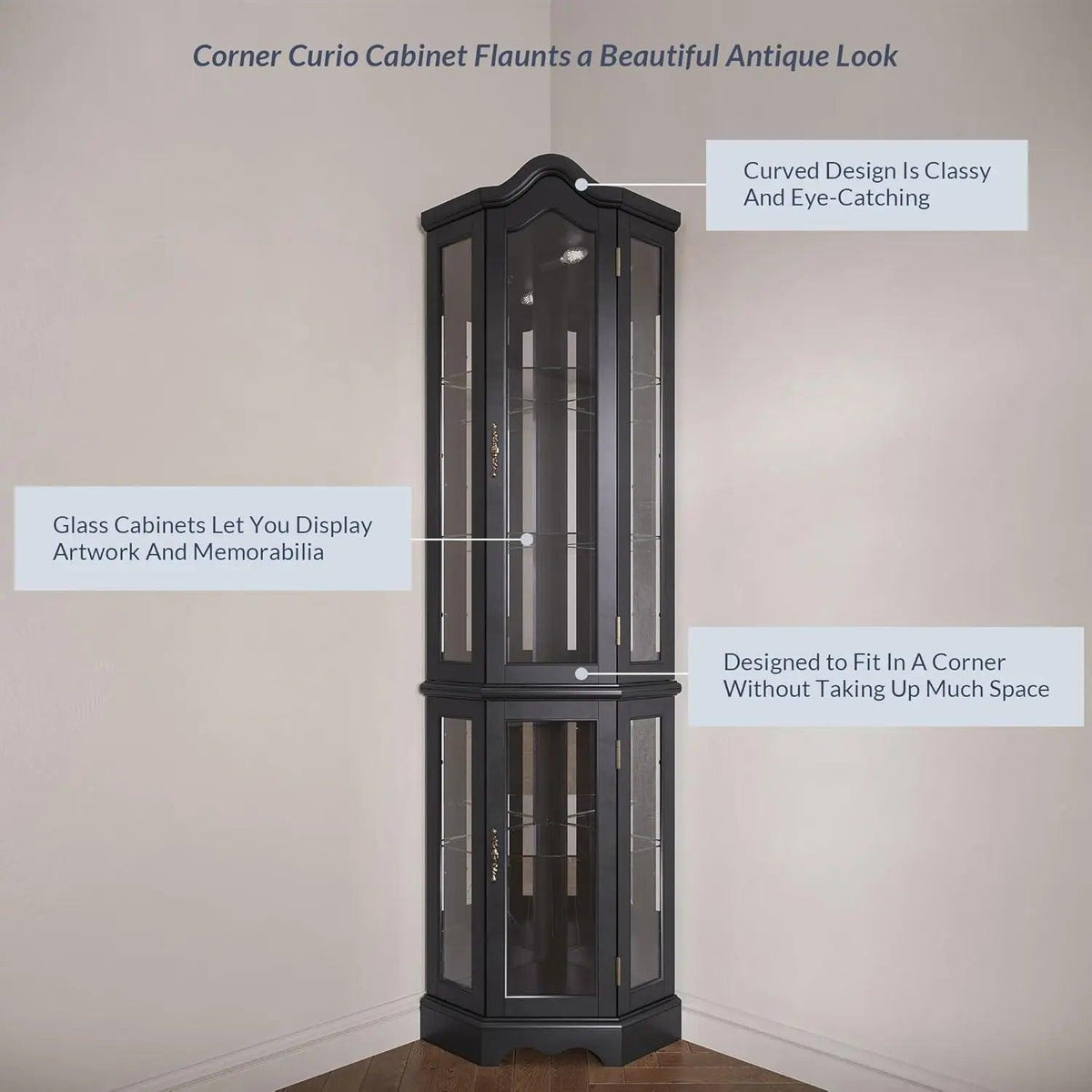 Lighted 3-Side Glass Display Curio Cabinet w/Tempered Glass Doors and Shelves, Curved Wood Corner Cabinet with Bulb, Corner S