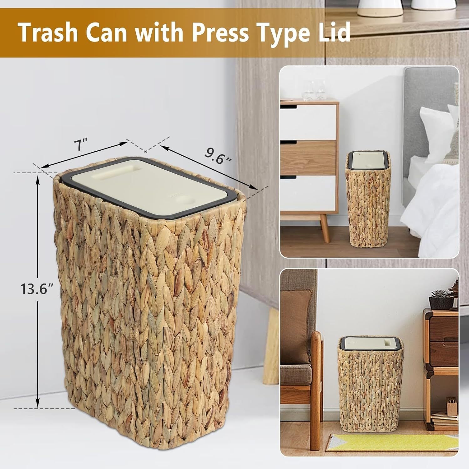 Boho Rattan Woven Trash Can with Press Top Lid, Wicker Wastebasket and Hamper