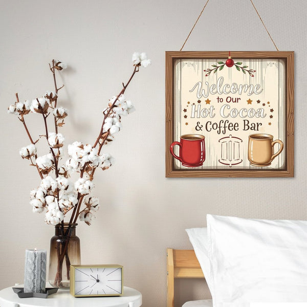 Welcome Coffe Bar Christmas Hot Cocoa Sign Square Wood Wall Decor Hanging Sign-12
