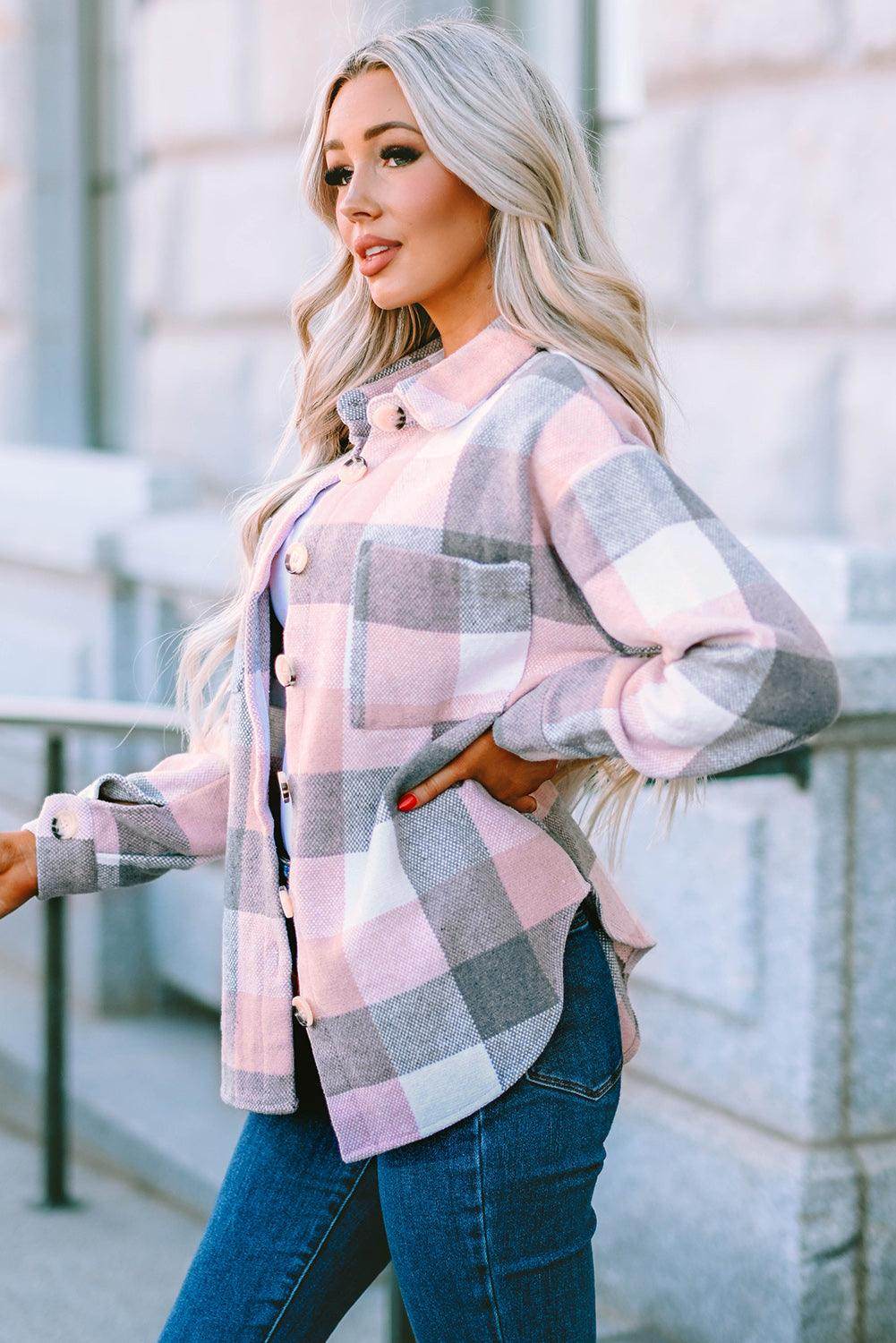 Plaid Button Up Dropped Shoulder Jacket for Women Stylish