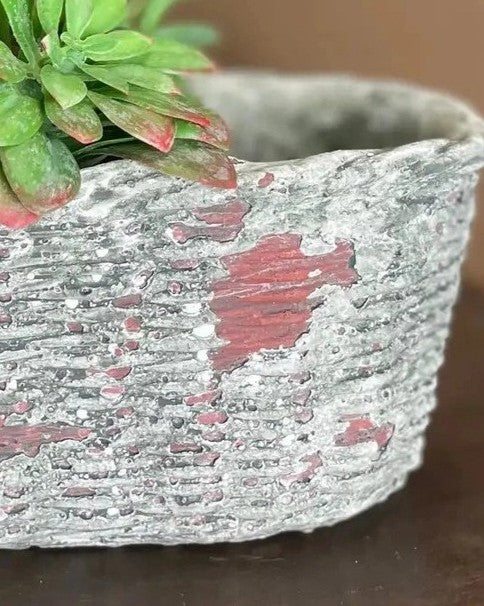 Large Concrete Oval Container with Basket Motif