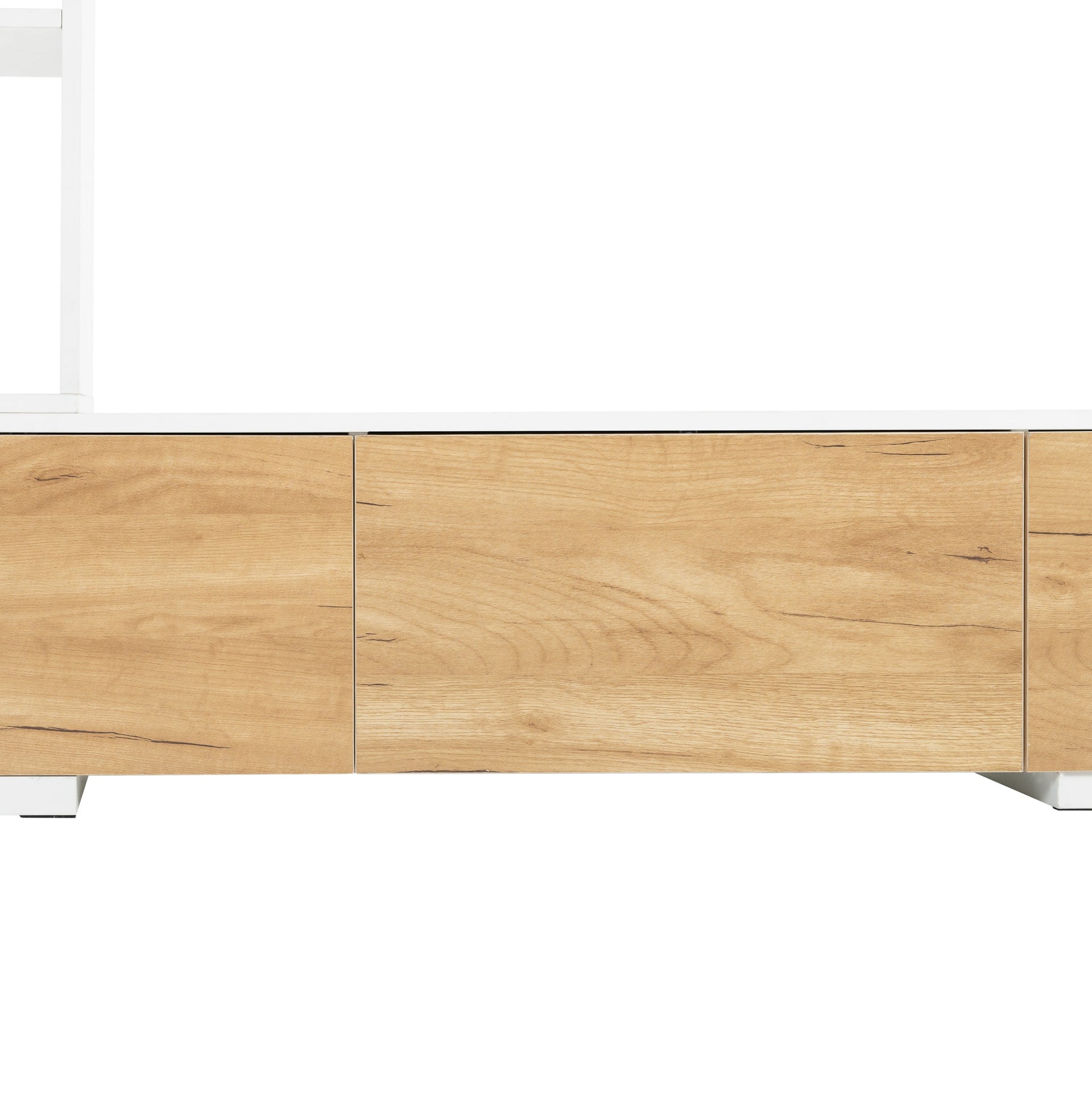 Living room setup with Buddify Extendable TV Stand with 3 Tier Bookshelves, styled with books, decor, and media equipment.