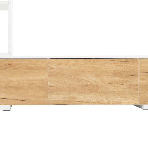 Living room setup with Buddify Extendable TV Stand with 3 Tier Bookshelves, styled with books, decor, and media equipment.