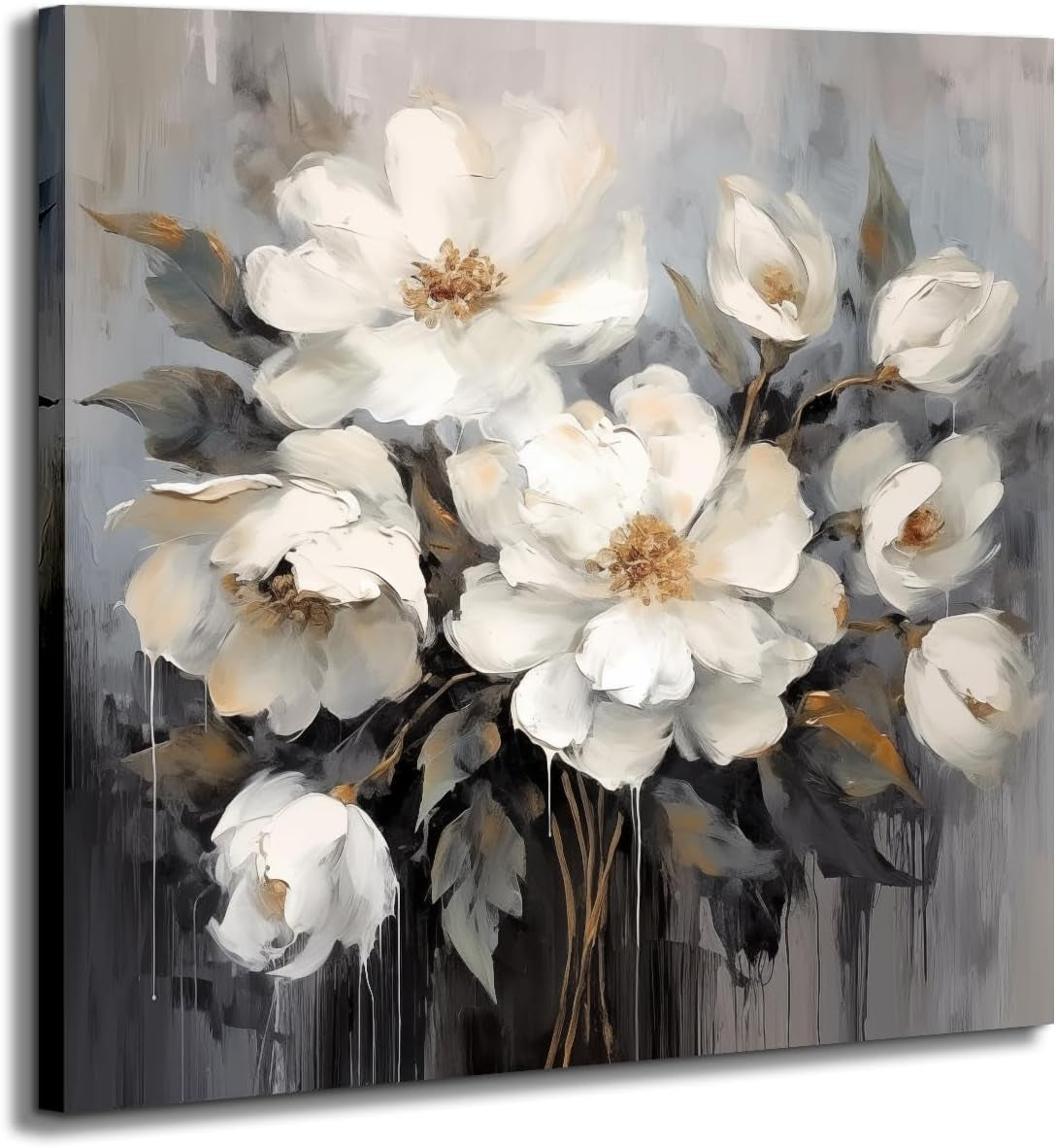 Stunning White and Gray Flower Canvas Art - Elegant 12x12 Inch Wall Decor for Bathroom, Bedroom, and Office