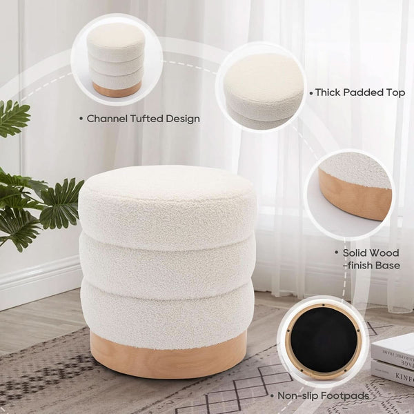 Cream Tufted Sherpa Ottoman Footstool Round Cushion