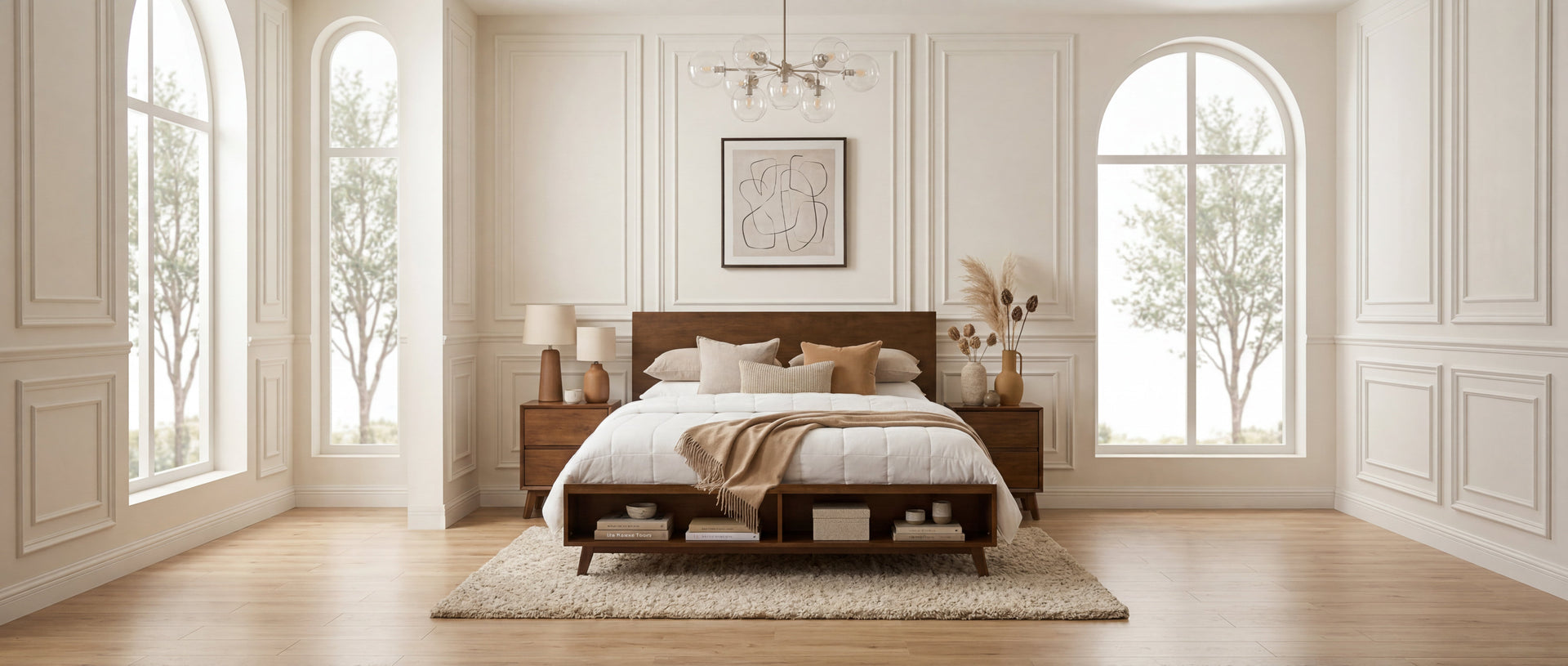 Walnut King Size Platform Bed Frame with Footboard Storage