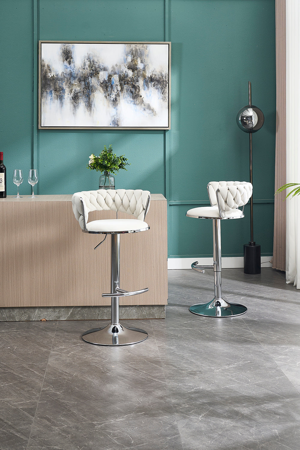 Set of 2 Bar Stools with Chrome Footrest & Base Swivel Height Adjustable Velvet