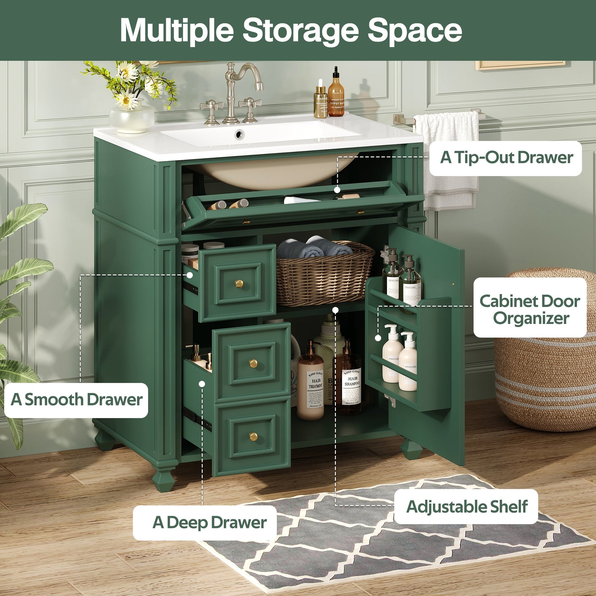 Bathroom Vanity with Ceramic Sink Basin, Cabinet with Soft-Close Doors and Organizer