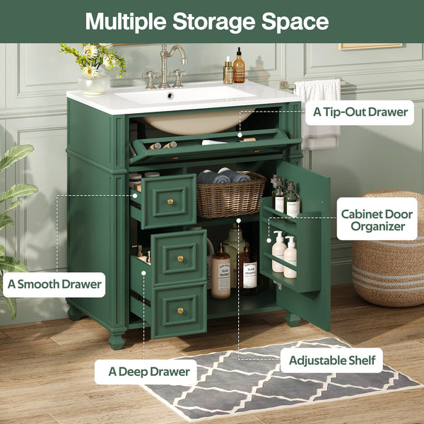 Bathroom Vanity with Ceramic Sink Basin, Cabinet with Soft-Close Doors and Organizer