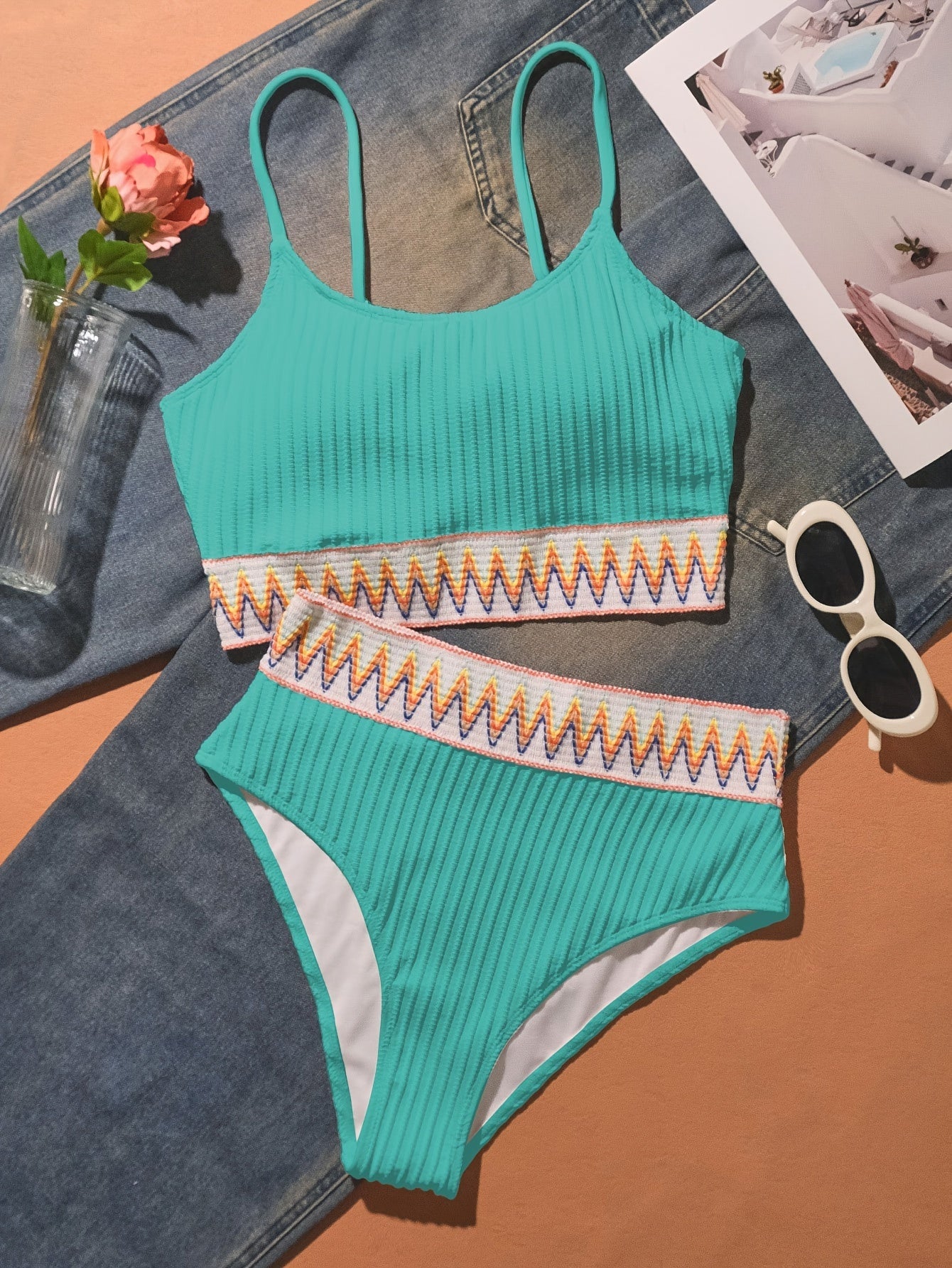 Bikini Scoop Neck High Waist 2 Piece Swimsuit for Women – Chic Solid Color Bikini Set with Contrast Band Detail – Stretchy Comfortable Flattering Swimwear for Beach Pool and Summer Vacation