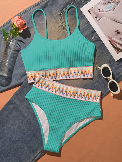 Bikini Scoop Neck High Waist 2 Piece Swimsuit for Women – Chic Solid Color Bikini Set with Contrast Band Detail – Stretchy Comfortable Flattering Swimwear for Beach Pool and Summer Vacation
