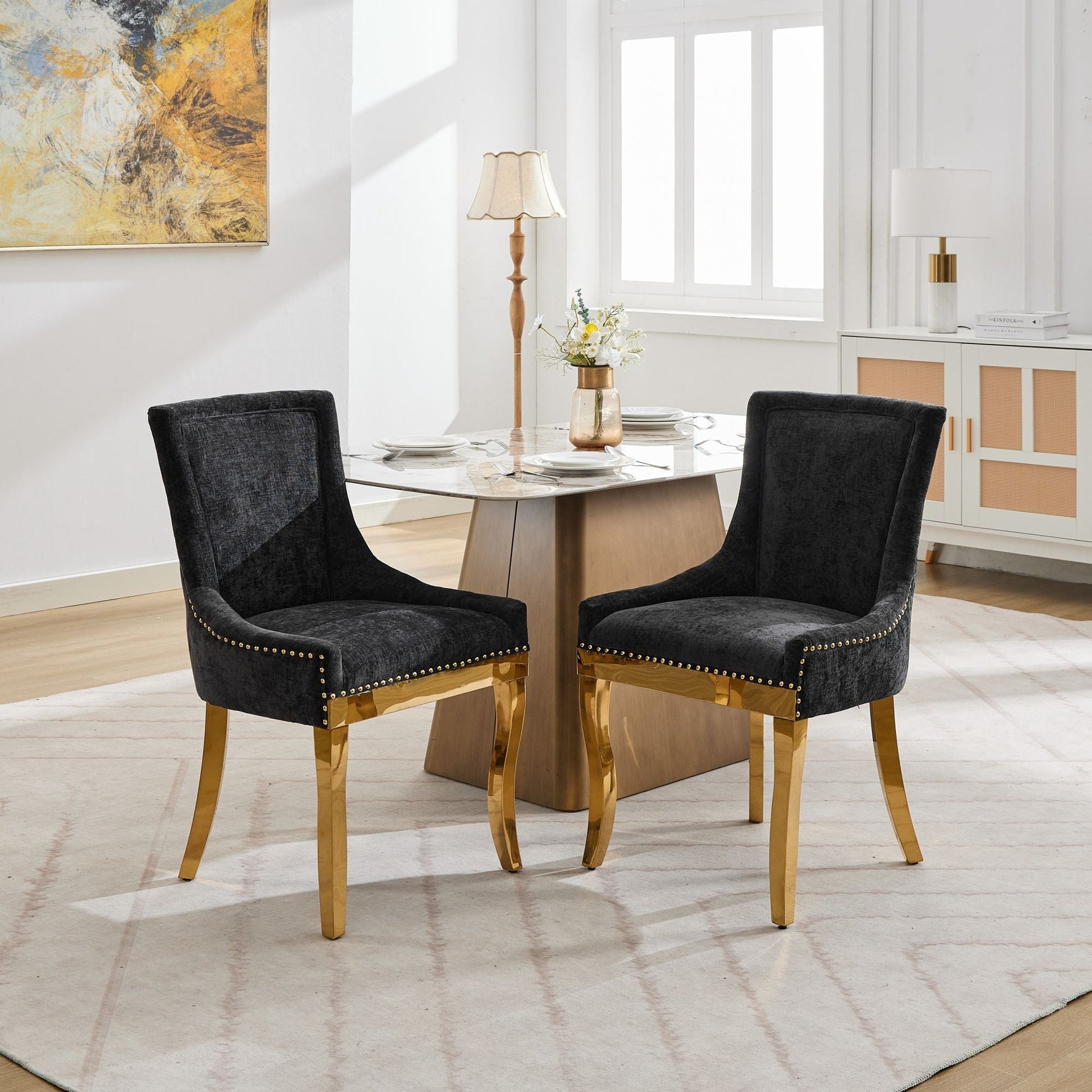 Chenille Dining Chairs Modern Style with Curved Gold-Plated Legs & Rivet Trim