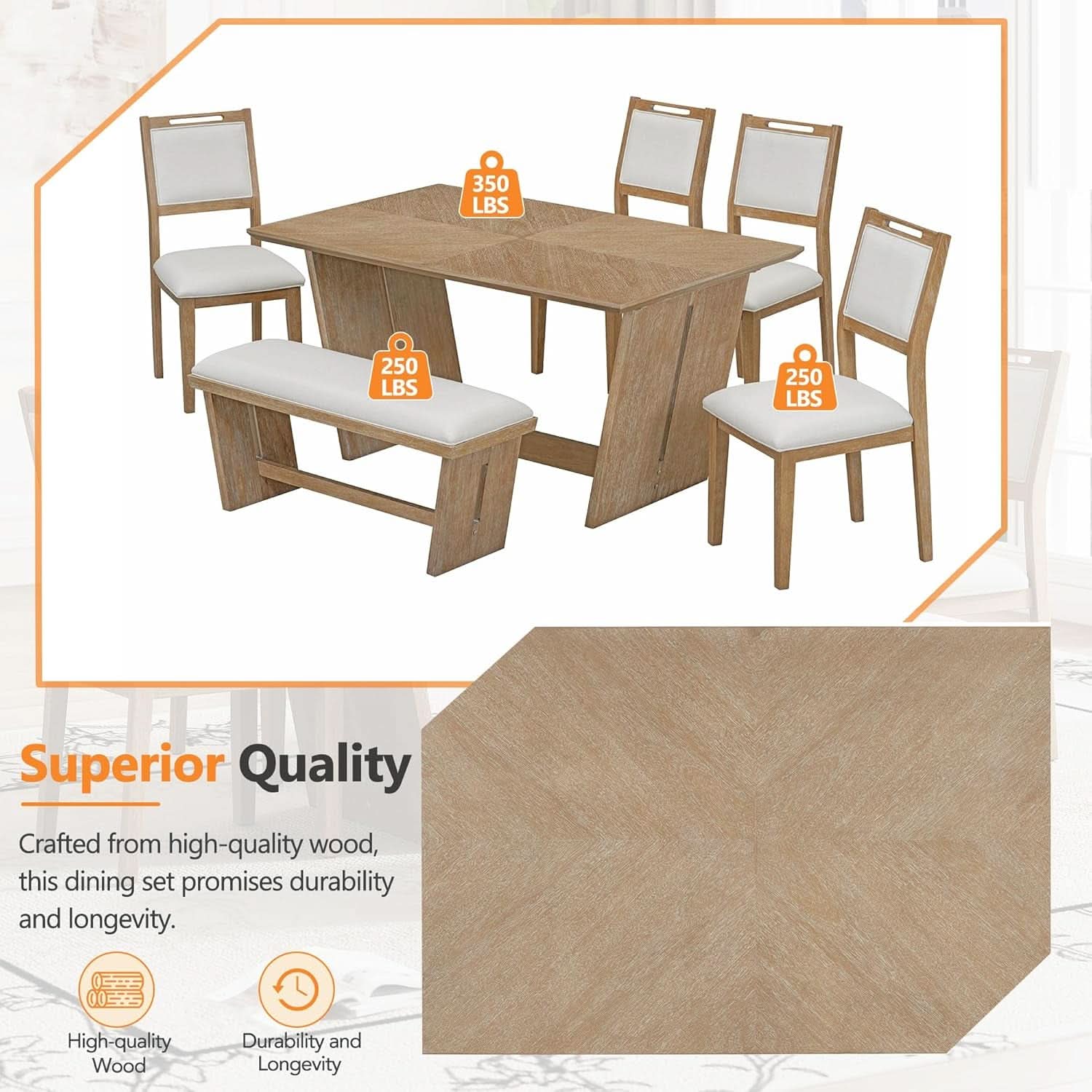 Natural Vintage Rustic Handcrafted Dining Table Set