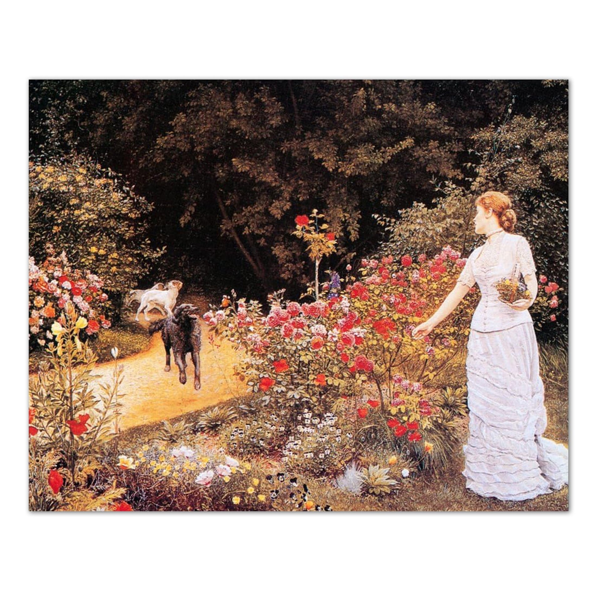 Flower Garden Wall Art – Lady Picking Flowers with Dogs 8x10 Art Print
