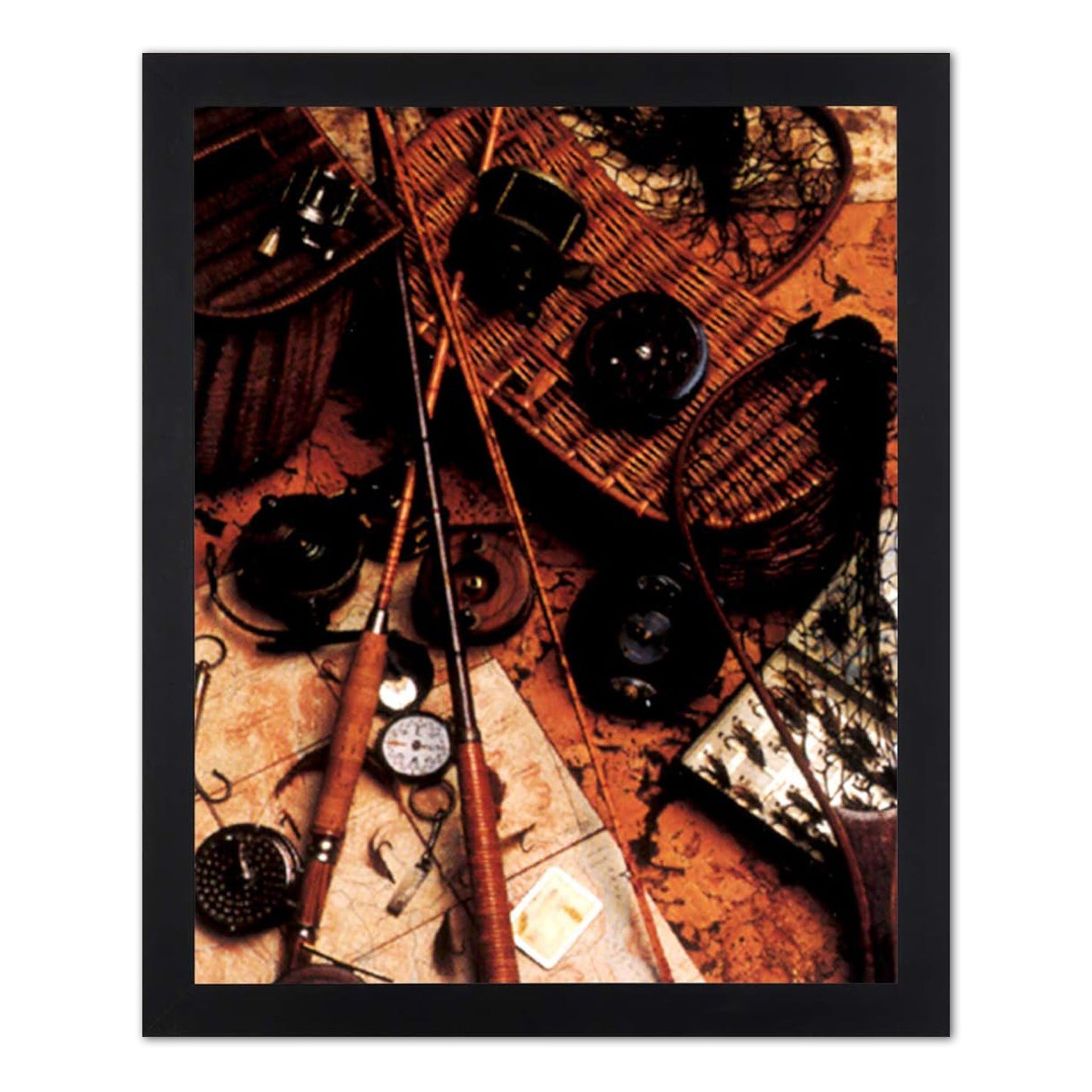 Framed Art Print – Rustic Fishing Print With Wooden Rod Artwork & Black Wood Frame