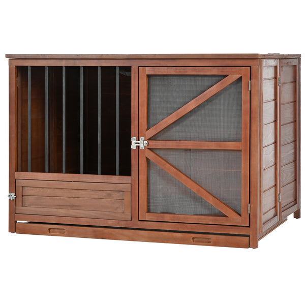 Solid Wood Foldable Dog Crate Furniture with 360° Rotating Feeder and Removable Tray