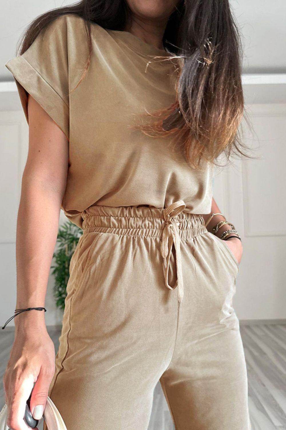 Round Neck Short Sleeve Top and Drawstring Pants Set for Women