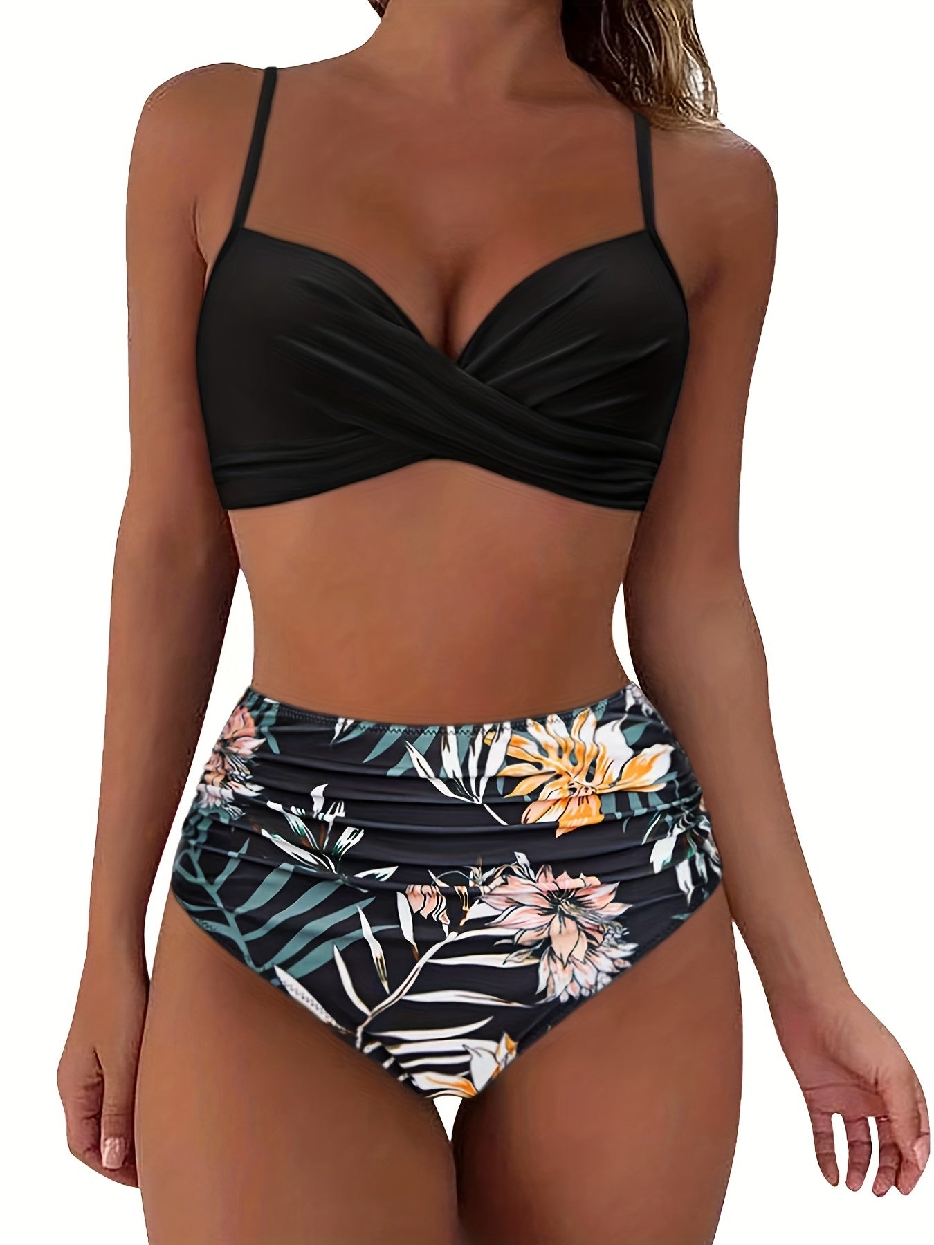 Tropical Vibe High Waist Bikini Set – Flirty V-Neck Swimsuit with Layered Colorblock High Cut Bottom Crisscross Strap Detail & Ultra-Stretch Comfort – Women's Two Piece Swimwear for Summer Beach Pool & Vacation Fun