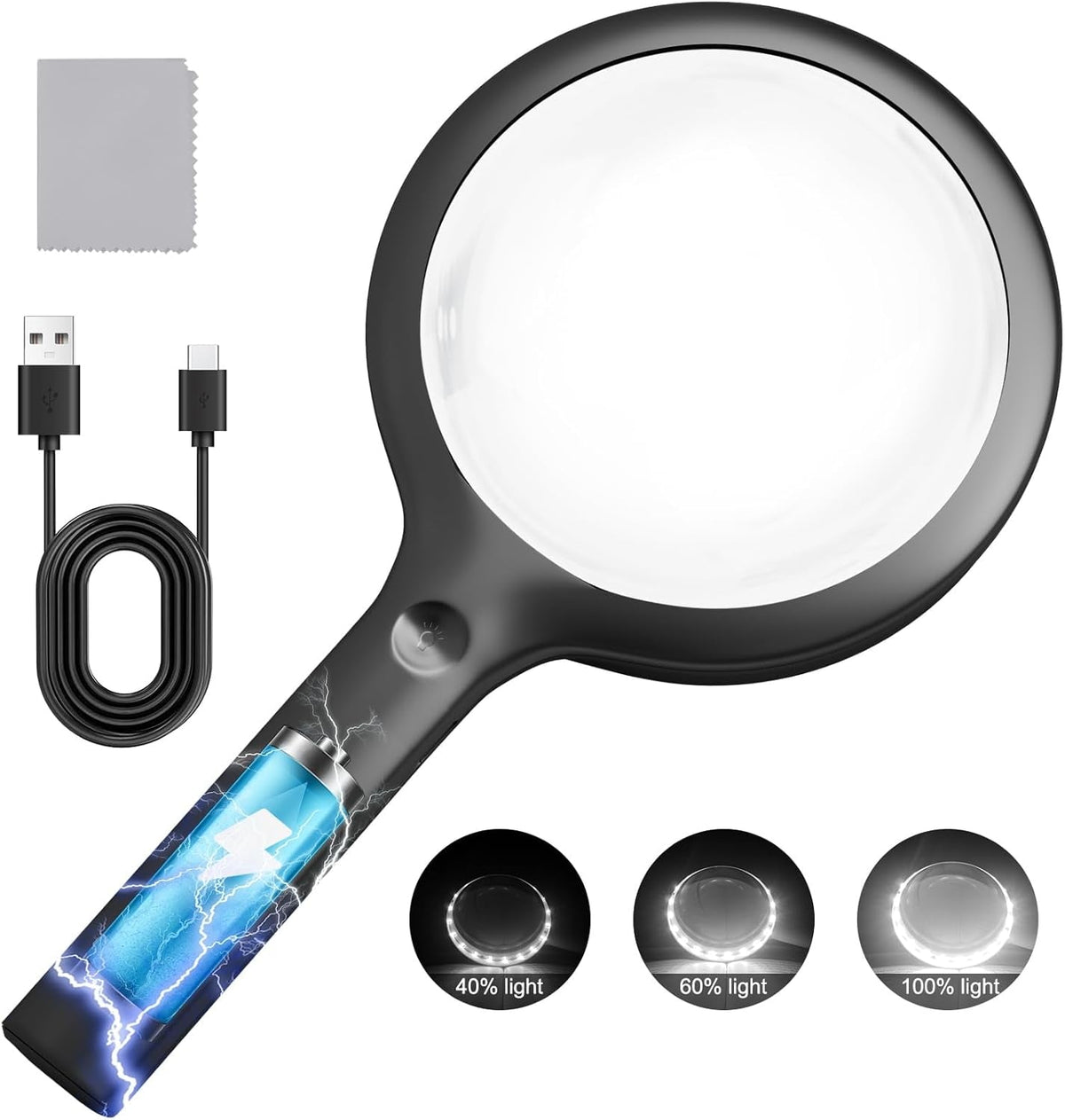 30X LED Magnifying Glass with Light | Large Handheld Magnifier for Reading & Inspection