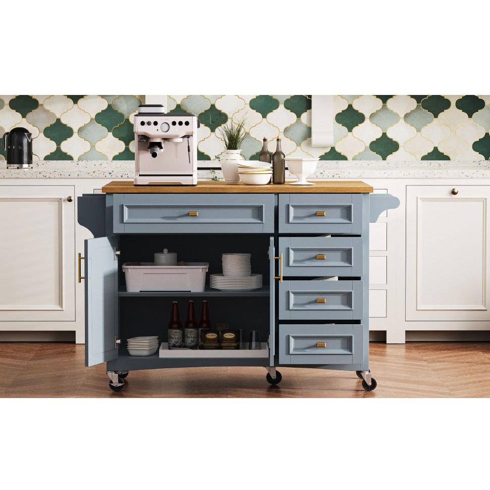 K&K 52'' Kitchen Island with Drop Leaf, Embossed Texture Kitchen Island on Wheels with Spice Rack, Towel Rack, 2 Doors and 5 Drawers, Kitchen Storage Cart with Adjustable Shelf for Kitchen, Blue Grey