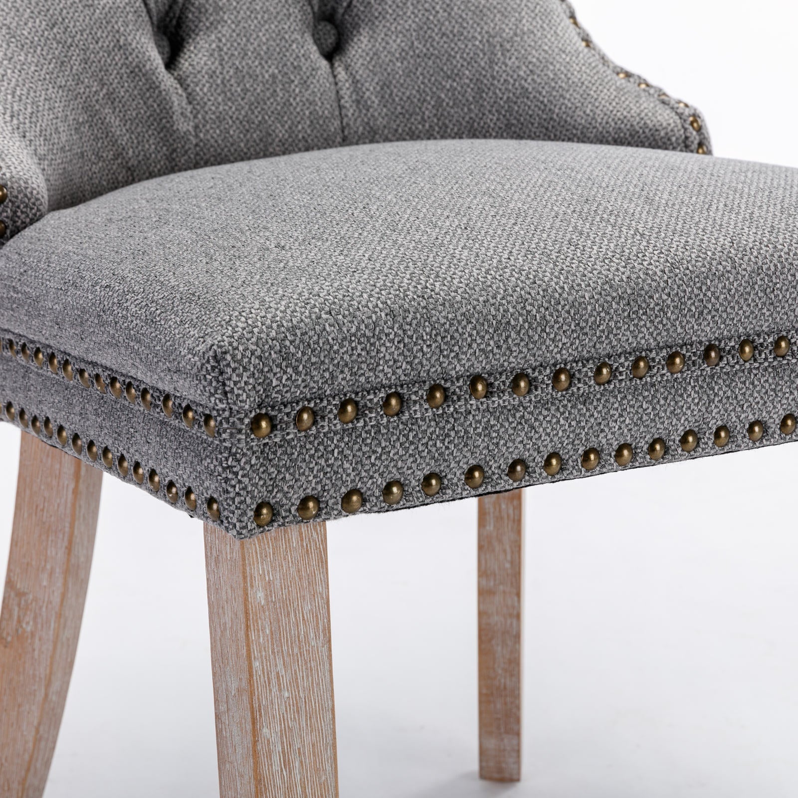 Nikki Collection Modern Tufted Solid Wood Flax Upholstered Dining Chair Nailhead Trim Set