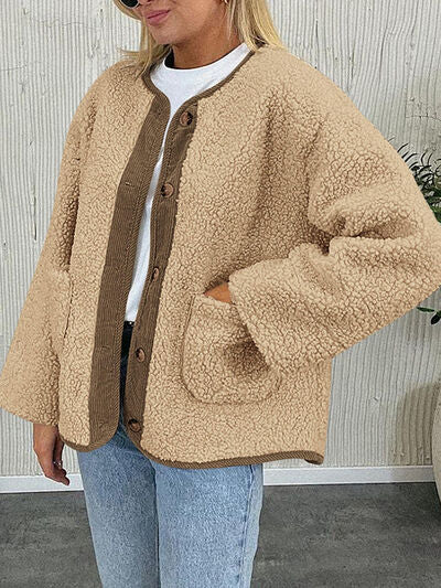 Modern Cozy Women Luxuriously Cozy Contrast Button Up Sherpa Jacket with Pockets For Fall & Winter