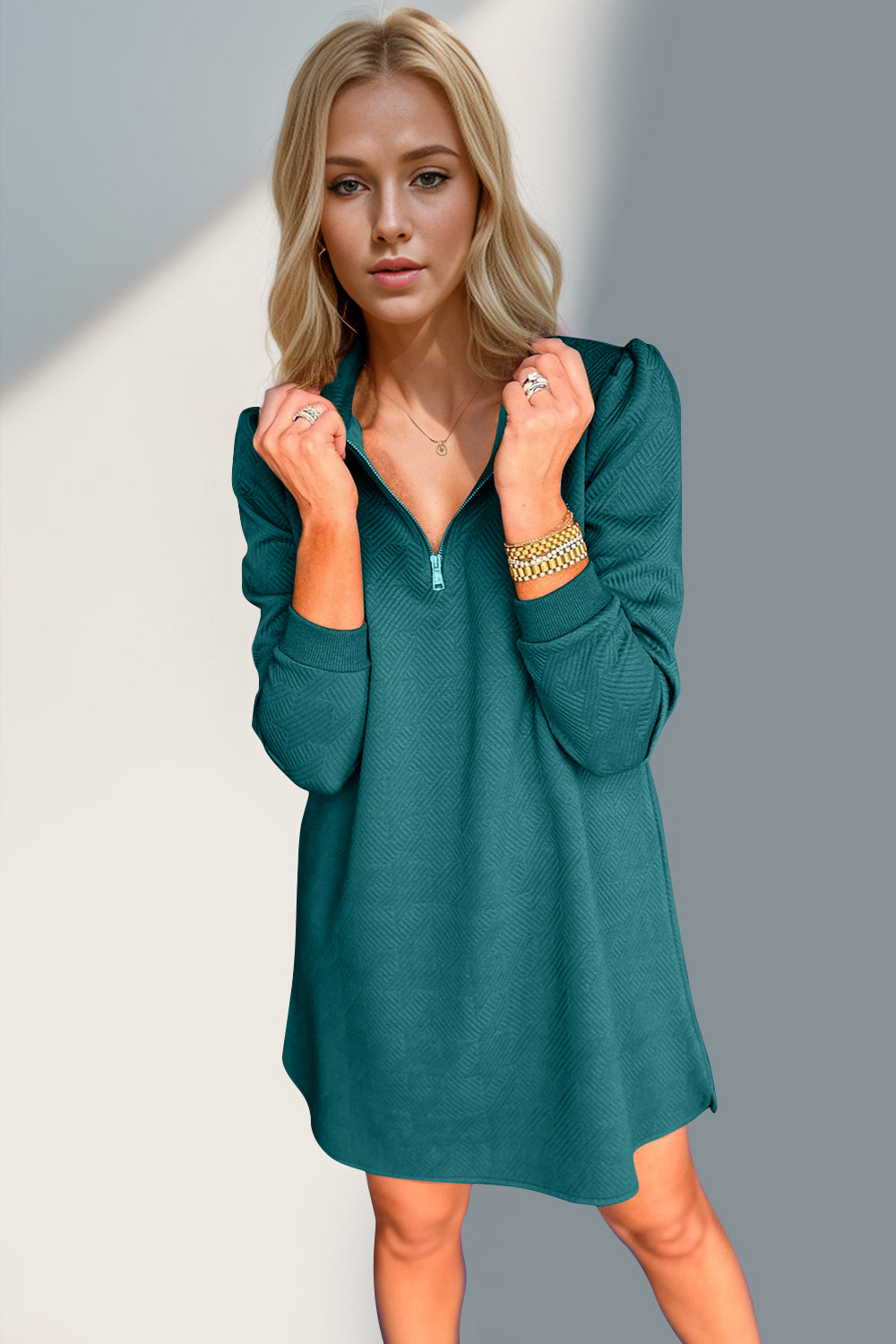 Double Take Textured Zip Long Sleeve Dress Classic Zip-Up Dress for Women Comfortable Outdoor Dress