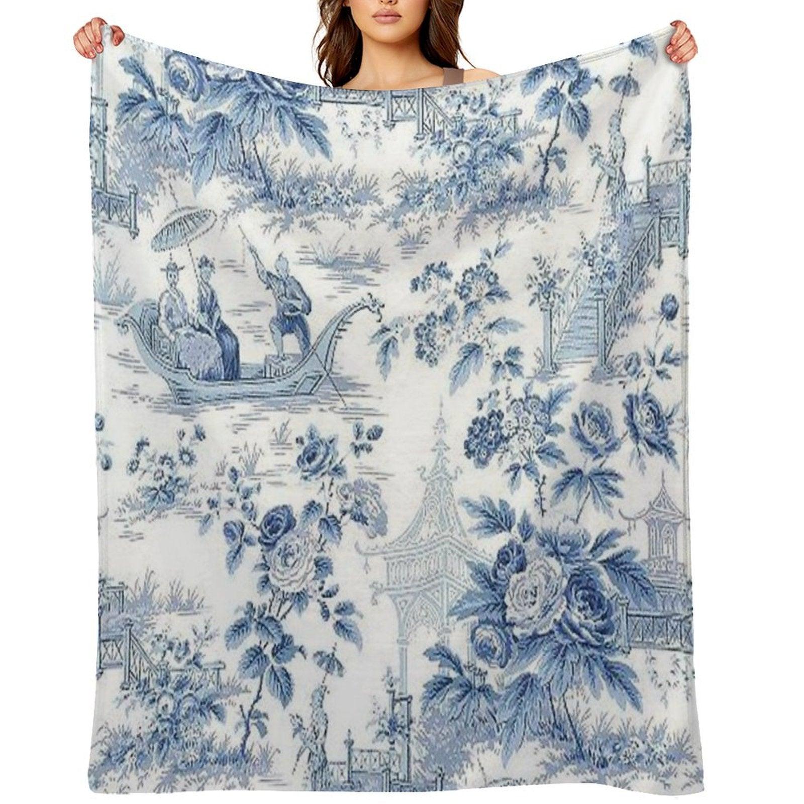 Powder Blue Chinoiserie Toile Throw Blanket