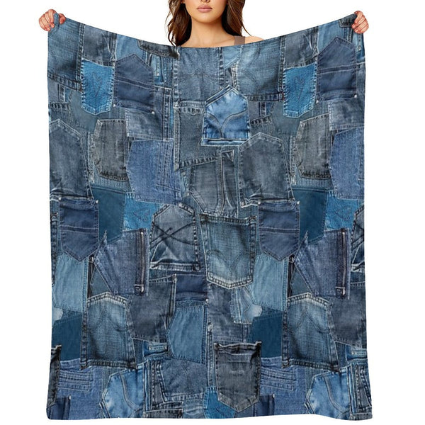 Photograph of Blue Denim Jeans Pocket Patchwork ONLY - Not Real Plush Throw Blanket
