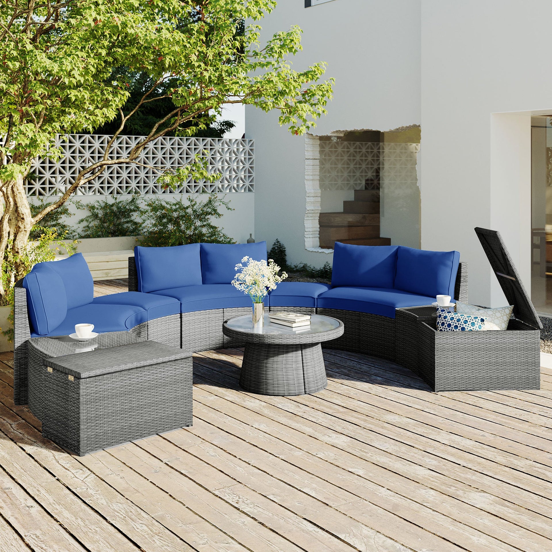 10-Piece Outdoor Sectional Half Round Patio Rattan Sofa Set, PE Wicker Conversation Furniture Set for Free Combination, Blue