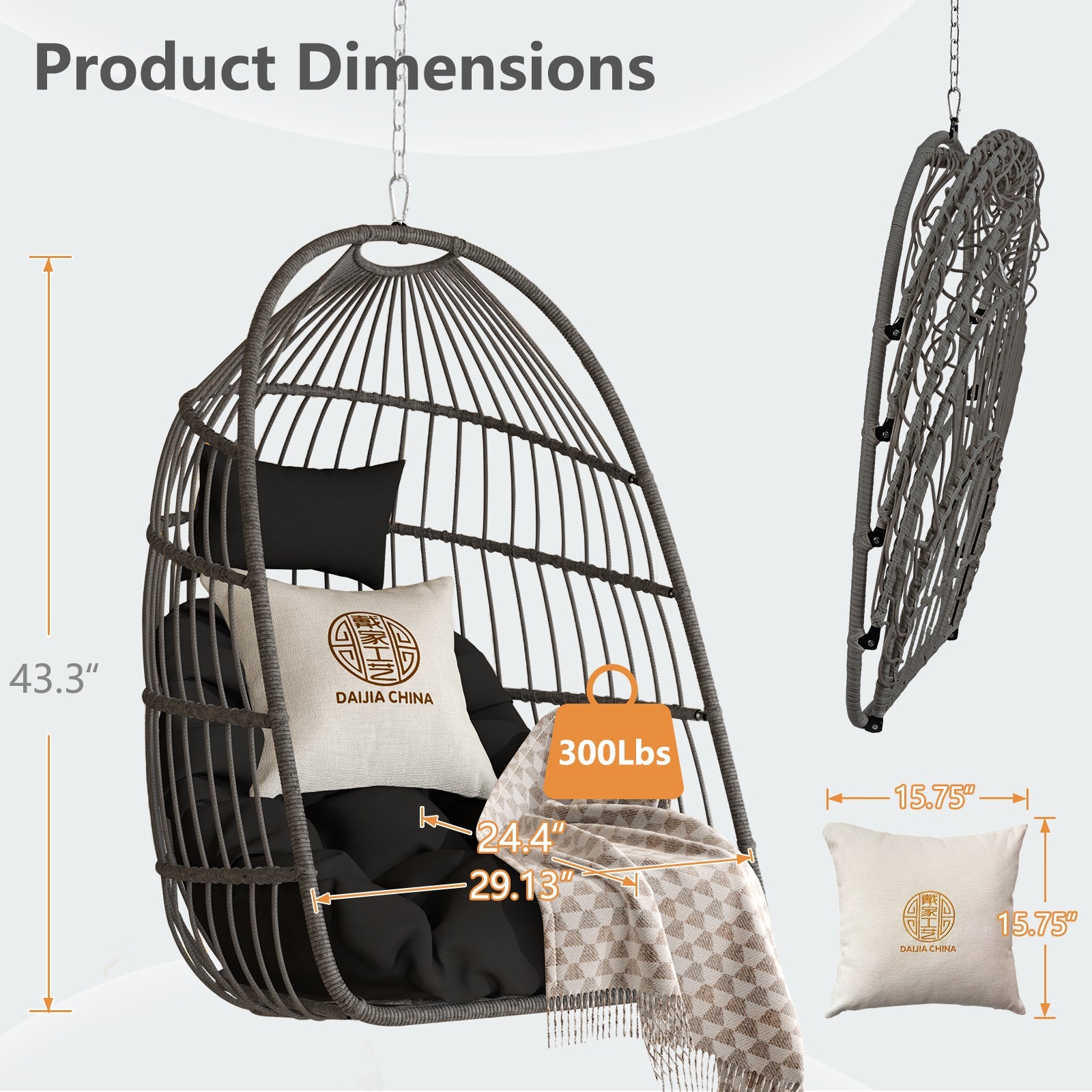 Outdoor Garden Rattan Egg Swing Hanging Chair PE Wicker Hanging Chair for Outdoor Patio