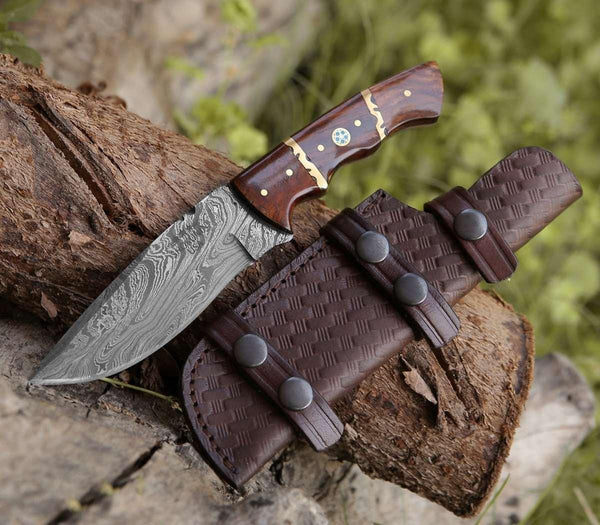 Fang Damascus Camp Knife with Rose Wood Handle - Gifts for You 'n Me