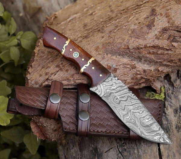 Fang Damascus Camp Knife with Rose Wood Handle - Gifts for You 'n Me