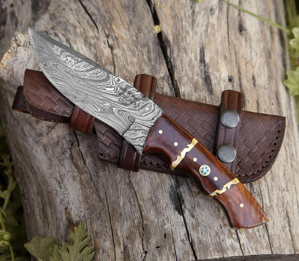 Fang Damascus Camp Knife with Rose Wood Handle - Gifts for You 'n Me