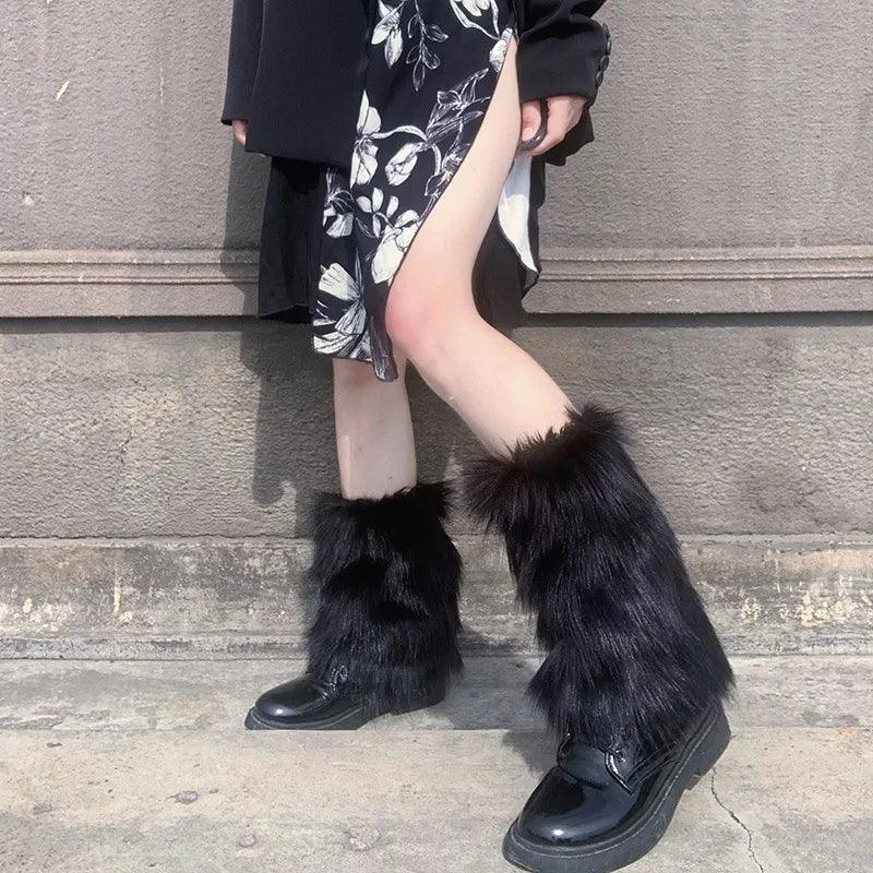 White Faux Fur Leg Warmers Y2K Goth Knee-High Boot Covers