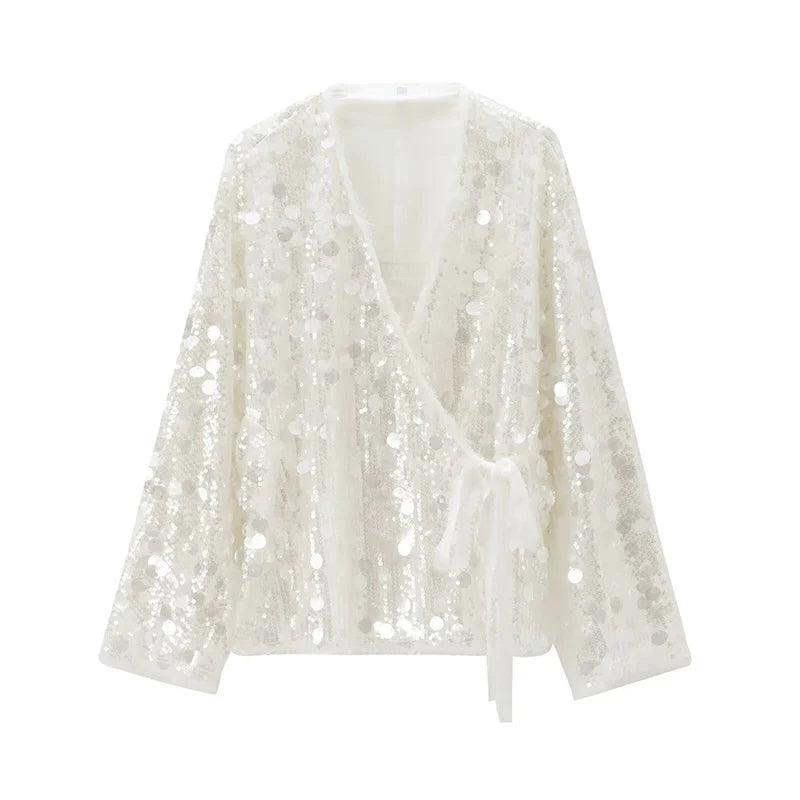 Women’s Sequin Kimono Jacket V-Neck Long Sleeve Patchwork Wrap Coat with Lace-Up Belt