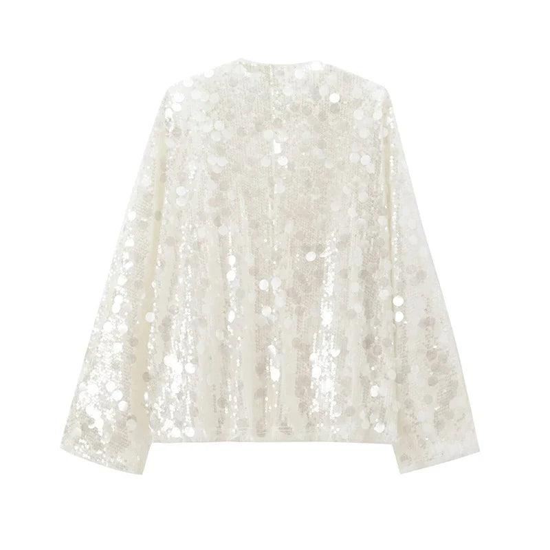 Women’s Sequin Kimono Jacket V-Neck Long Sleeve Patchwork Wrap Coat with Lace-Up Belt
