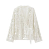 Women’s Sequin Kimono Jacket V-Neck Long Sleeve Patchwork Wrap Coat with Lace-Up Belt - as  picture / L