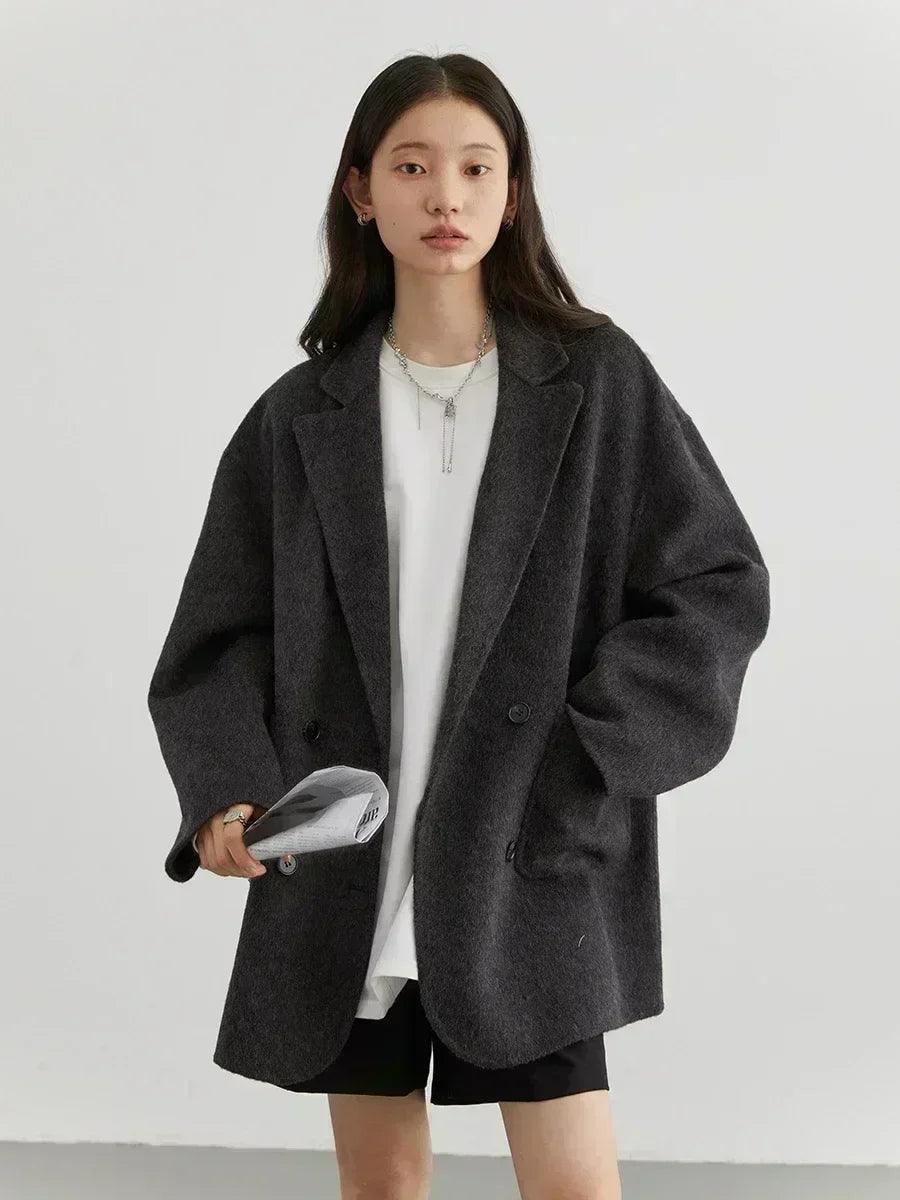 Women's Wool Blend Double-Sided Coat Loose Retro Double-Breasted Office Outerwear for Autumn Winter