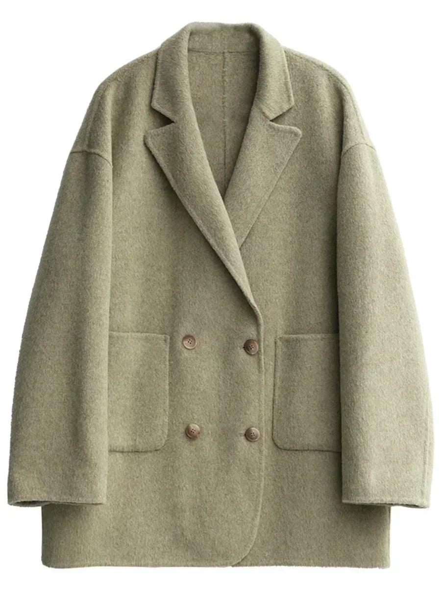 Women's Wool Blend Double-Sided Coat Loose Retro Double-Breasted Office Outerwear for Autumn Winter