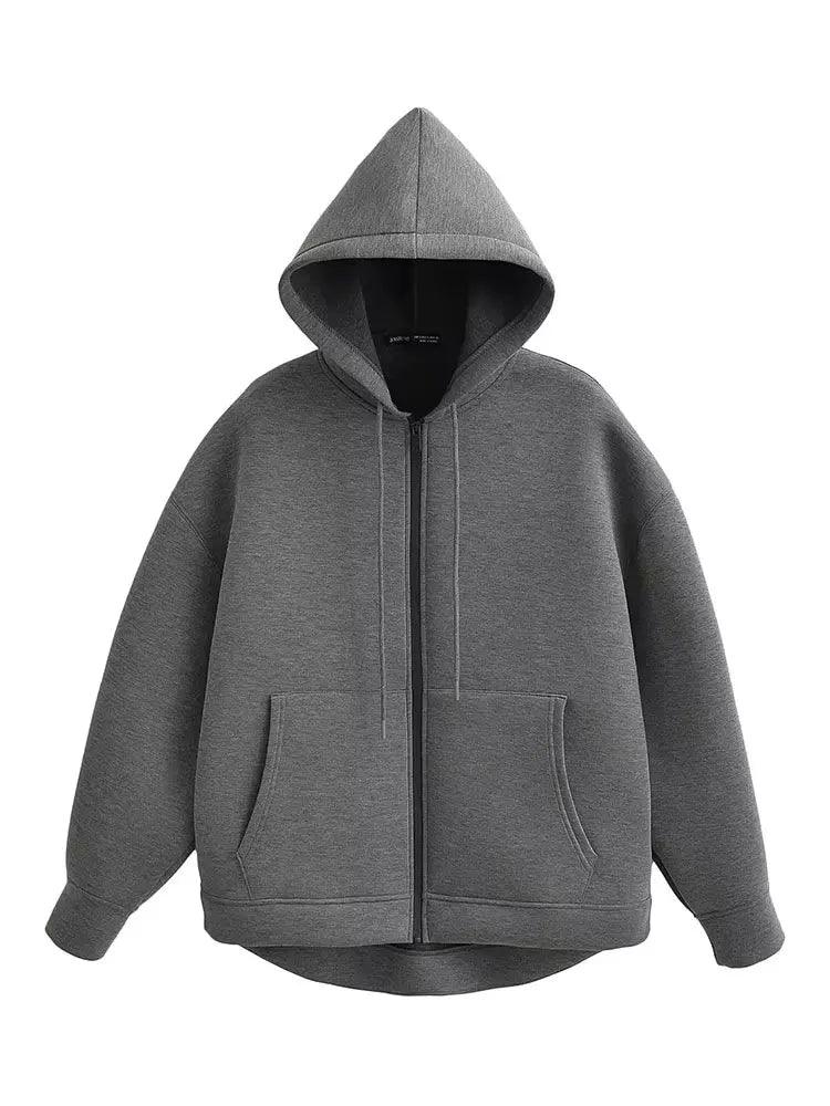 Women's Gray Hooded Zipper Jacket with Large Pockets Loose Long Sleeve Casual Coat