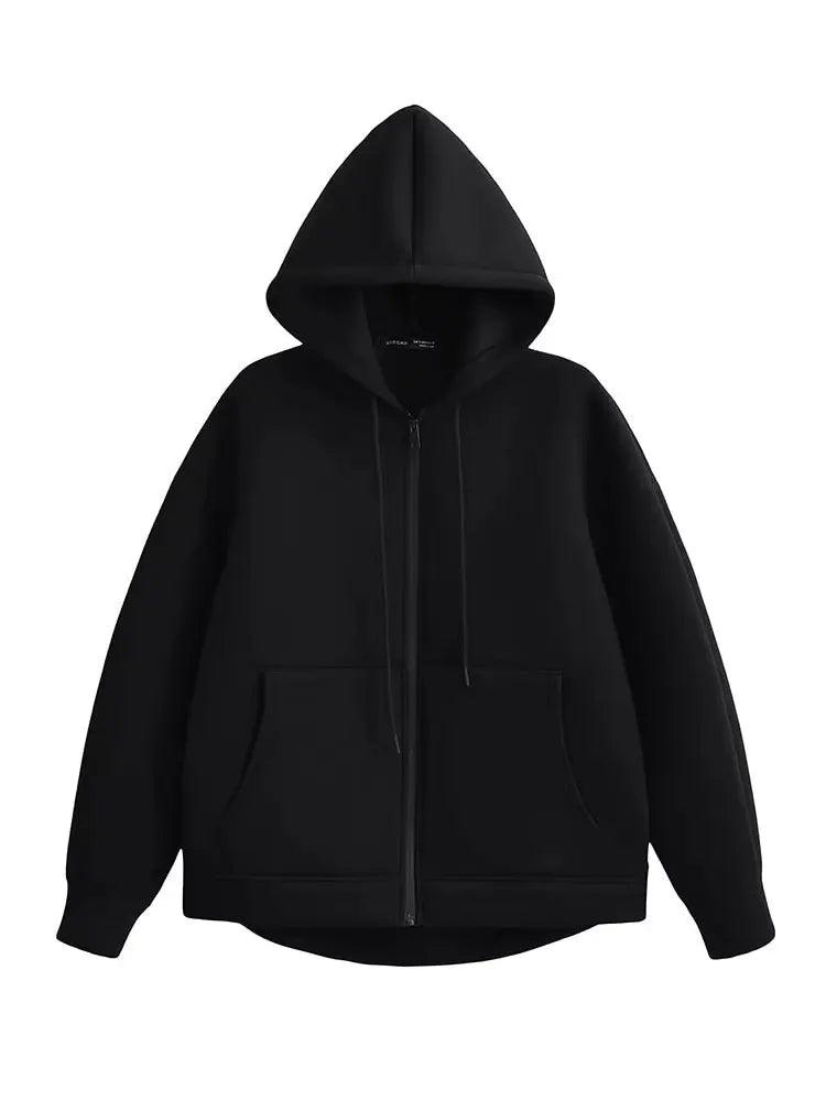 Women's Gray Hooded Zipper Jacket with Large Pockets Loose Long Sleeve Casual Coat