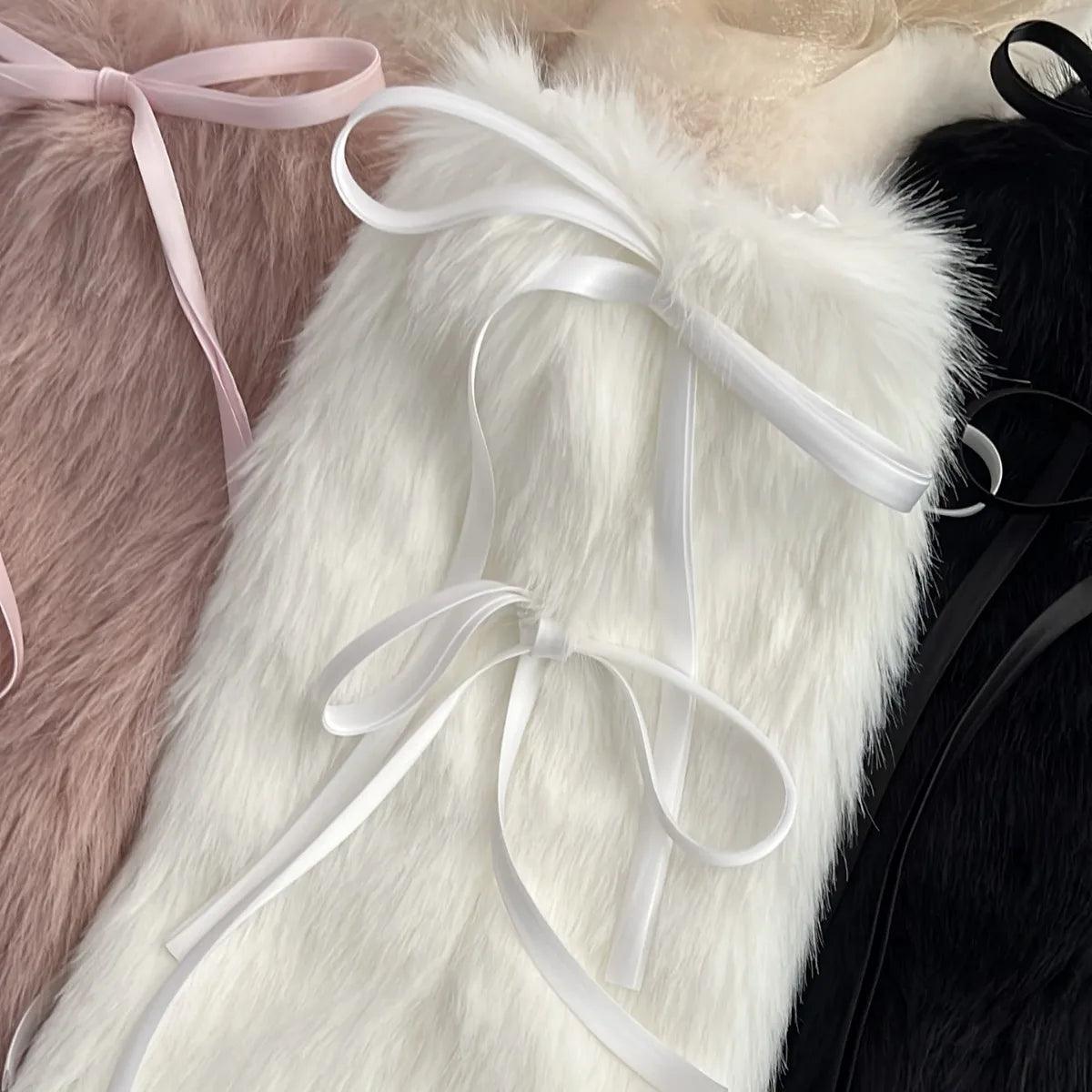 JK Harajuku Furry Plush Boot Cuffs Leg Warmers with Ribbon Bow – White Winter Boot Covers