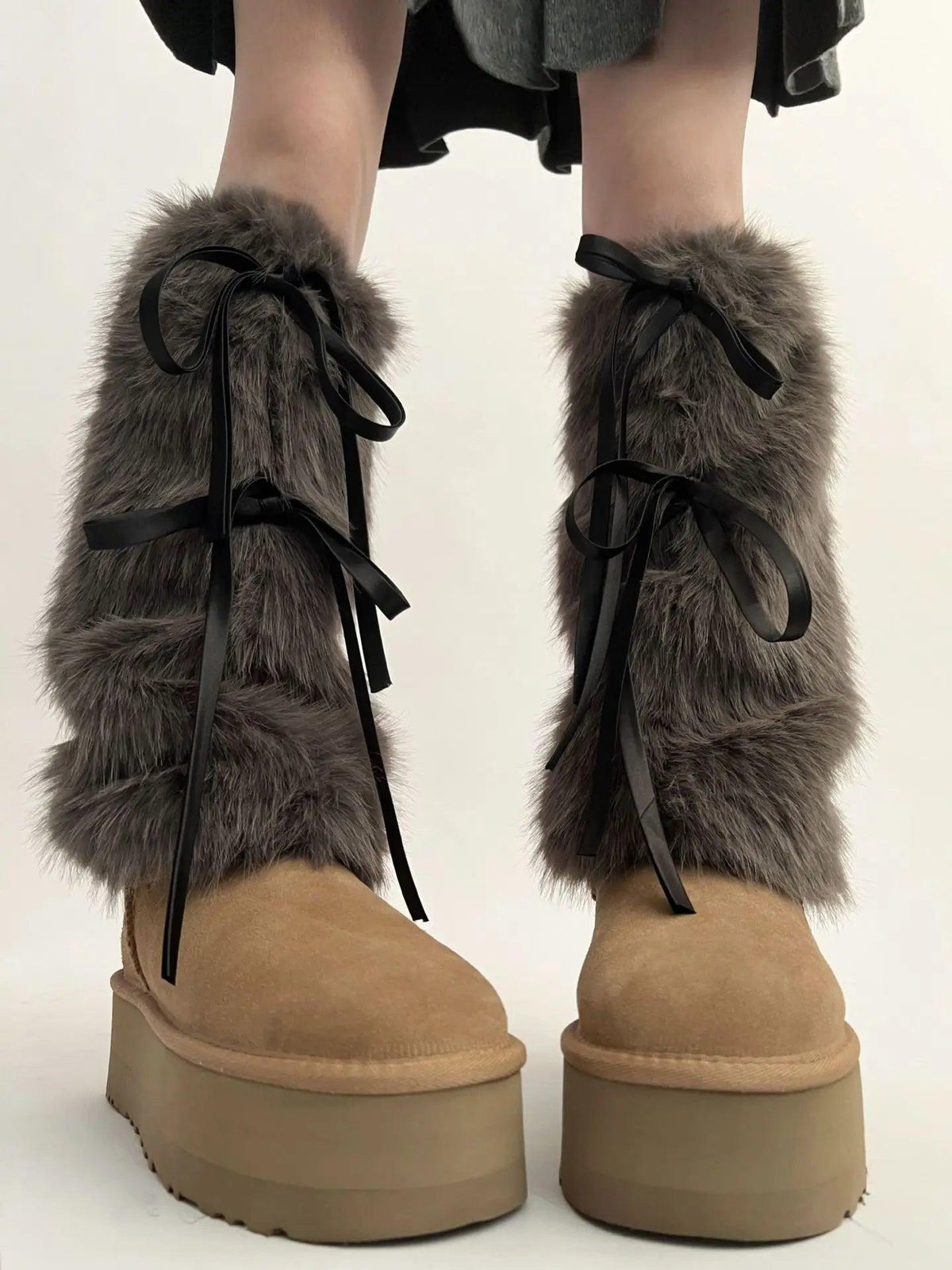 JK Harajuku Furry Plush Boot Cuffs Leg Warmers with Ribbon Bow – White Winter Boot Covers