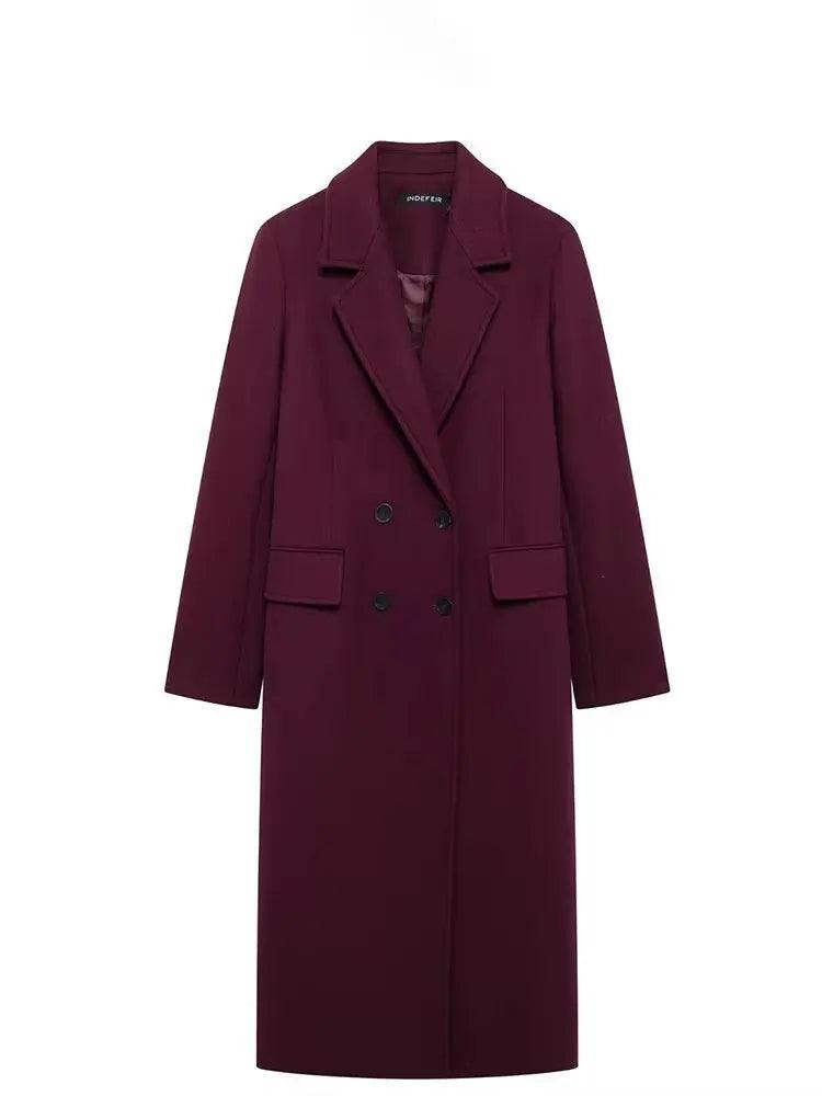 Women's Burgundy Double-Breasted Wool-Blend Coat - Long Sleeve Lapel Jacket, Autumn Winter Outerwear