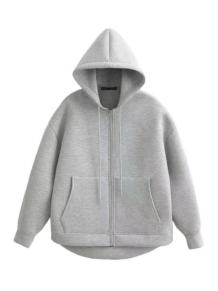 Women's Oversized Zipper Hoodie Jacket with Double Pockets - Casual Autumn/Winter Coat