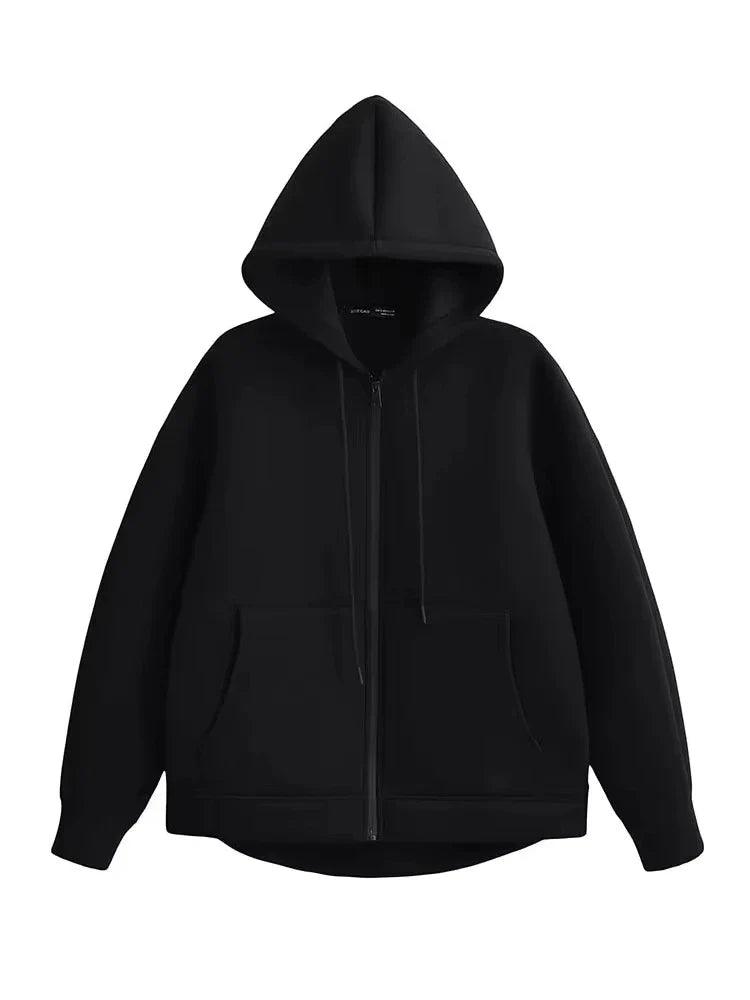 Women's Oversized Zipper Hoodie Jacket with Double Pockets - Casual Autumn/Winter Coat