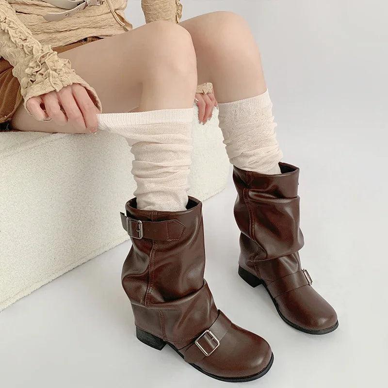 Women's Gray Knit Calf Leg Warmers - Cotton-Blend Ballet Pile Socks for Autumn